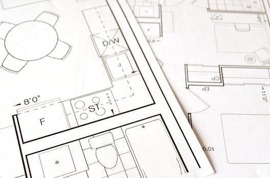 Home 2 Close-up view of an architectural floor plan on paper showcasing detailed room layouts and measurements.