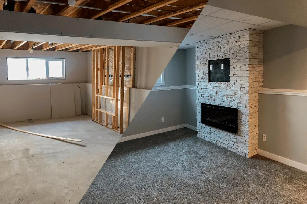 Split image of before and after a basement installation.
